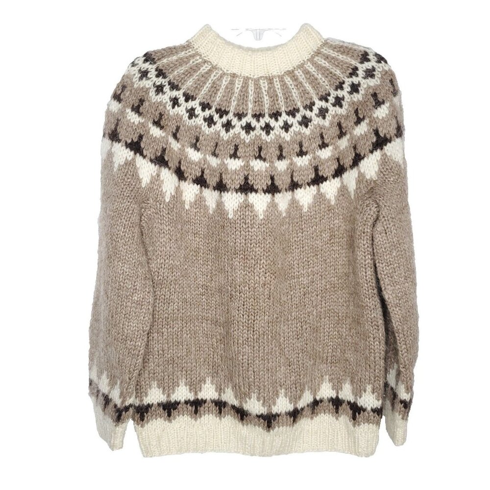Hand Knit Mohair Wool Fair Isle Sweater M L Chunky Brown Monochromatic Ski